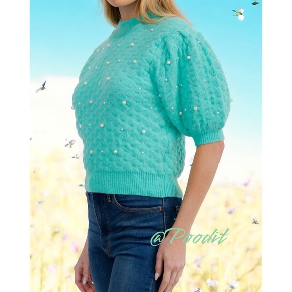 PEACH LOVE CALIFORNIA Short puff sleeve pearl knit top S M L - Picture 4 of 9